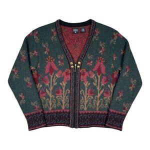 Vintage Nordic Design Shetland Wool Floral Boho Sweater Jacket Womens Medium